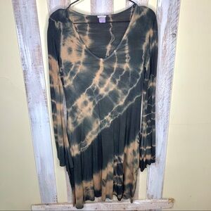 LOVE TANJANE Tie Dye Olive & Tan Drape Sleeve Dress Womens S